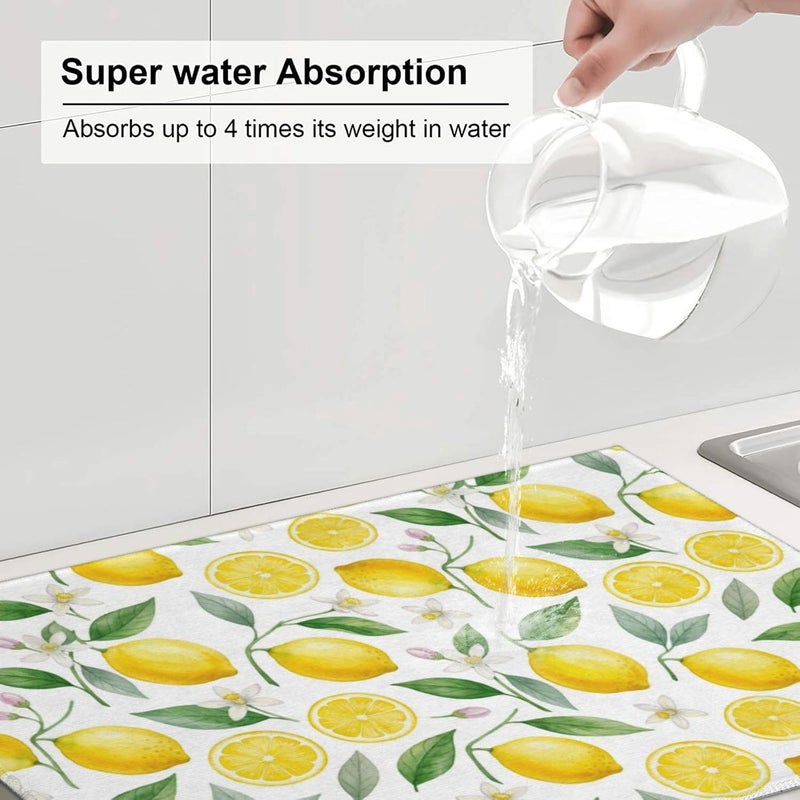 Vodbne Lemon Dish Drying Mat for Kitchen Counter Microfiber Absorbent Dish Draining Reusable Washable Extra Large 18"x24" (Lemon, 18x24in) - Image 2