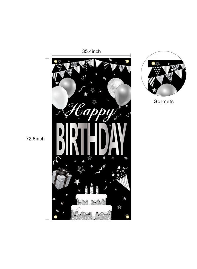 Excelloon Black White Silver Happy Birthday Door Banner Decorations for Men Women, Black Silver Happy Birthday Door Cover Backdrop Sign Party Supplies, 16th 21st 30th 40th 50th 60th Bday Poster Background Decor - Image 2