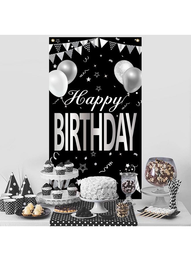 Excelloon Black White Silver Happy Birthday Door Banner Decorations for Men Women, Black Silver Happy Birthday Door Cover Backdrop Sign Party Supplies, 16th 21st 30th 40th 50th 60th Bday Poster Background Decor - Image 3