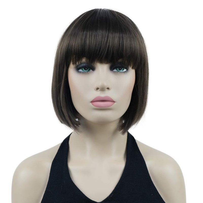 Lydell 8 Straight Short Bob Hair Flat Bangs Cute Central Dot Skin Top Heat Resistant Synthetic Wigs 8 Light Chestnut Brown