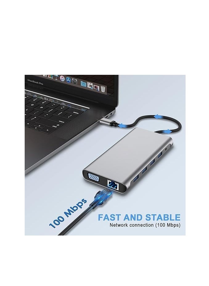 Generic - USB C HUB, 12 in 1 USB C Adapter Docking Station with 2 x 4K HDMI, VGA, 4 x USB 3.0, USB C Data, PD3.0, Ethernet RJ45 Port, SD/TF, 3.5 mm AUX, Compatible with MacBook Pro/Air, More Type C Device - Image 1