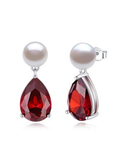Yami Pearl Earrings For Women, 925 Sterling Silver Birthstone Teardrop Stud Dangle Earrings, Created Garnet Pear Shaped Zircon Drop Earrings, 8-8.5Mm Freshwater Cultured Pearl Jewelry  - Image 1