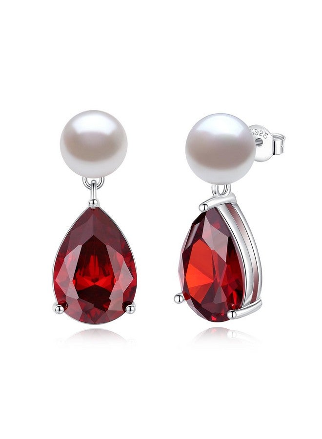 Yami Pearl Earrings For Women, 925 Sterling Silver Birthstone Teardrop Stud Dangle Earrings, Created Garnet Pear Shaped Zircon Drop Earrings, 8-8.5Mm Freshwater Cultured Pearl Jewelry - Image 1