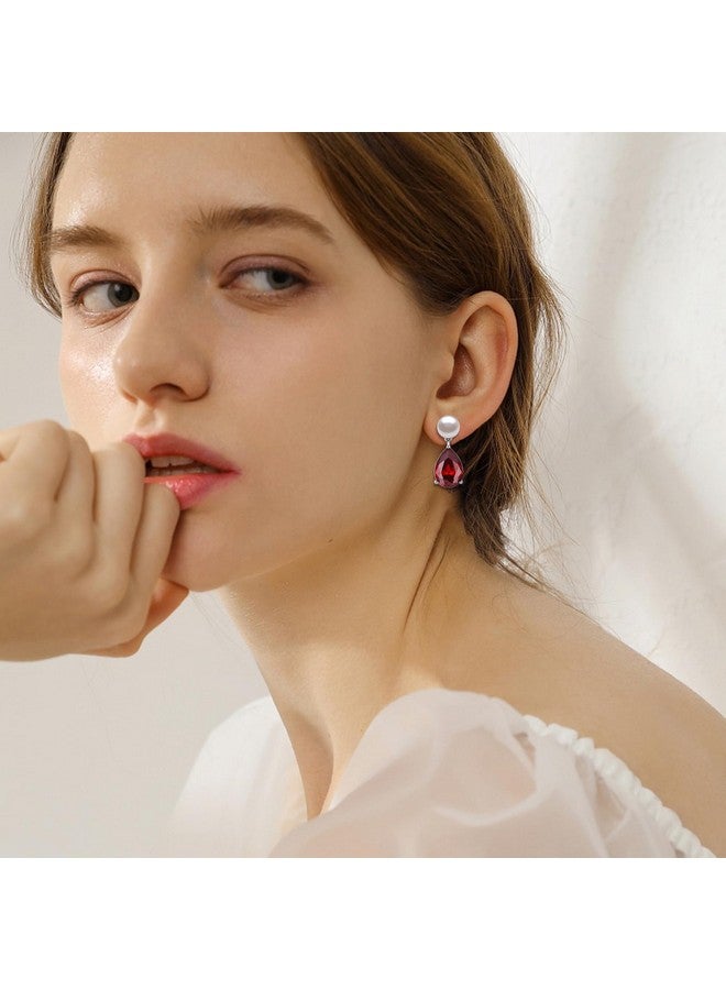 Yami Pearl Earrings For Women, 925 Sterling Silver Birthstone Teardrop Stud Dangle Earrings, Created Garnet Pear Shaped Zircon Drop Earrings, 8-8.5Mm Freshwater Cultured Pearl Jewelry - Image 4