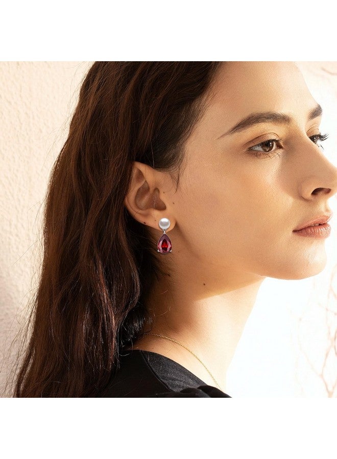 Yami Pearl Earrings For Women, 925 Sterling Silver Birthstone Teardrop Stud Dangle Earrings, Created Garnet Pear Shaped Zircon Drop Earrings, 8-8.5Mm Freshwater Cultured Pearl Jewelry - Image 3