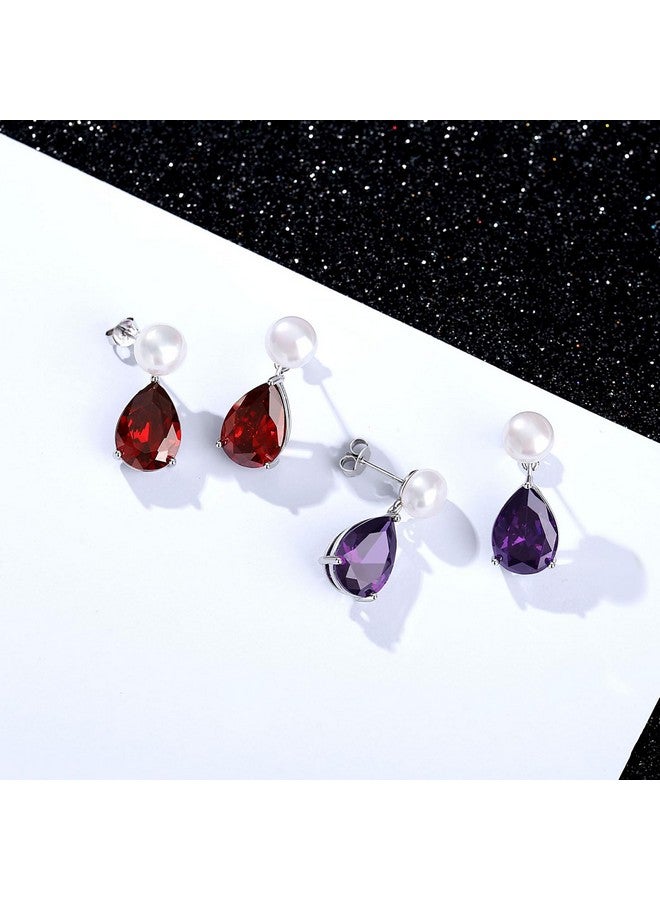 Yami Pearl Earrings For Women, 925 Sterling Silver Birthstone Teardrop Stud Dangle Earrings, Created Garnet Pear Shaped Zircon Drop Earrings, 8-8.5Mm Freshwater Cultured Pearl Jewelry - Image 2