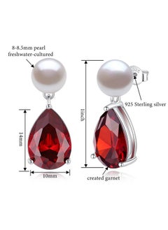 Yami Pearl Earrings For Women, 925 Sterling Silver Birthstone Teardrop Stud Dangle Earrings, Created Garnet Pear Shaped Zircon Drop Earrings, 8-8.5Mm Freshwater Cultured Pearl Jewelry  - Image 5