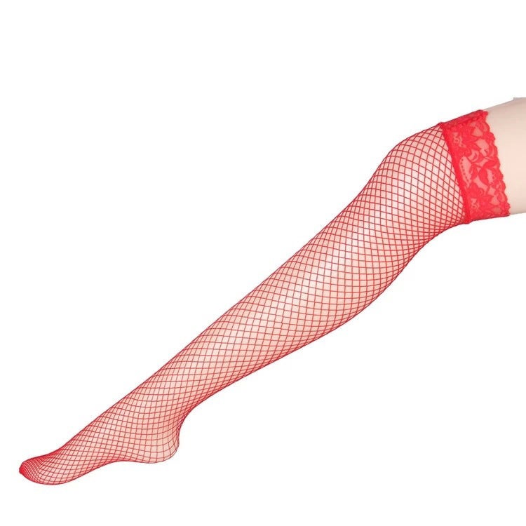 Sensual Fishnet Stockings Breathable Lace Top Thigh-High Red - Image 1