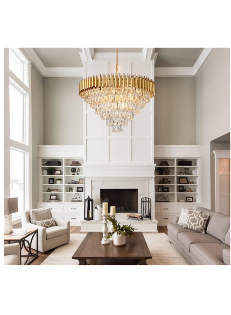 المفتاحة ثريا كريستال ذهبية فاخرة - وحدة إضاءة سقفية حديثة بثلاث طبقات لغرفة المعيشة وغرفة الطعام وغرفة النوم - تصميم أنيق من كريستال K9 مع سلسلة قابلة للتعديل، لمسة نهائية ذهبية فاخرة - Image 2