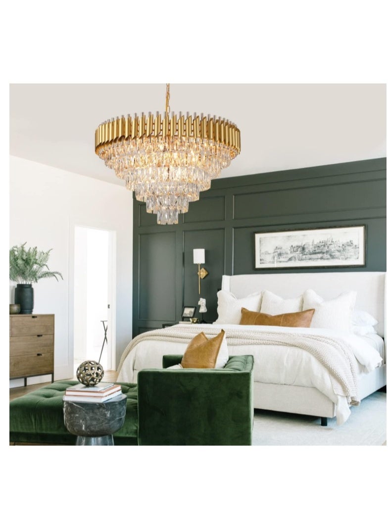 المفتاحة ثريا كريستال ذهبية فاخرة - وحدة إضاءة سقفية حديثة بثلاث طبقات لغرفة المعيشة وغرفة الطعام وغرفة النوم - تصميم أنيق من كريستال K9 مع سلسلة قابلة للتعديل، لمسة نهائية ذهبية فاخرة - Image 4