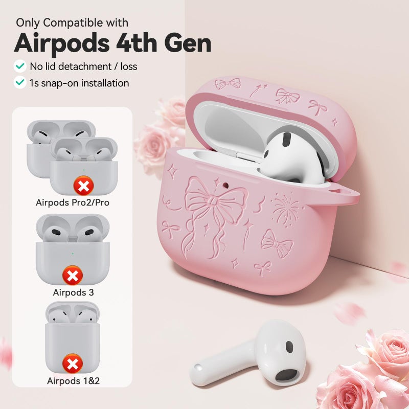 Joremx for Airpods 4 Case Cover, Joremx Cute Bow Engraved Silicone Protective Case Cover with Keychain, Cleaner Kit for AirPods 4th Generation Case 2024 (Sakura Pink) - Image 3