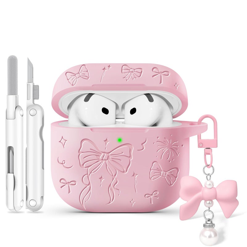 Joremx for Airpods 4 Case Cover, Joremx Cute Bow Engraved Silicone Protective Case Cover with Keychain, Cleaner Kit for AirPods 4th Generation Case 2024 (Sakura Pink) - Image 1