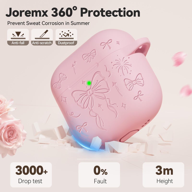 Joremx for Airpods 4 Case Cover, Joremx Cute Bow Engraved Silicone Protective Case Cover with Keychain, Cleaner Kit for AirPods 4th Generation Case 2024 (Sakura Pink) - Image 2