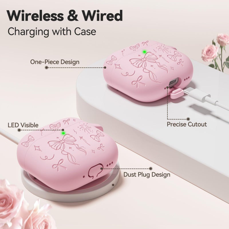 Joremx for Airpods 4 Case Cover, Joremx Cute Bow Engraved Silicone Protective Case Cover with Keychain, Cleaner Kit for AirPods 4th Generation Case 2024 (Sakura Pink) - Image 4