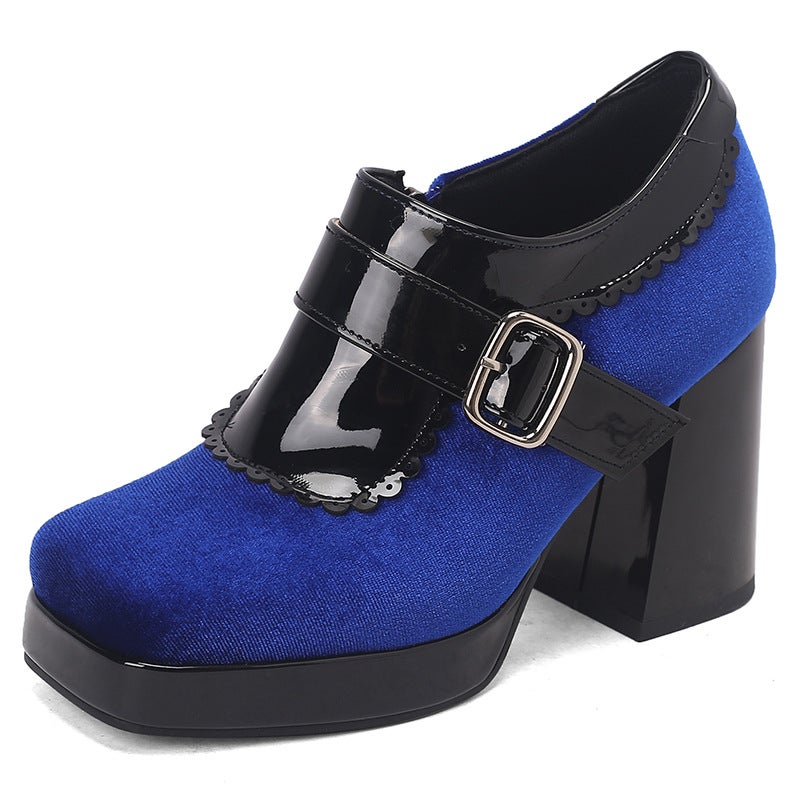 Funds In Early Spring 2025 Fashion Square Head Thick Bottom 33-48 Size Code Stitching Belt Buckle Single Shoes - Image 1