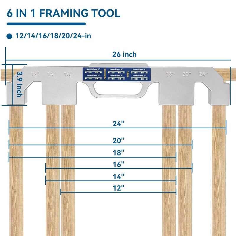 WIRELEL 6-in-1 Stud Layout Tool for Framing, Fits 12/14/16/18/20/24 in On-Center Spacing, Labeled Cast Aluminum Framing Jig, Heavy-Duty Rust-Resistant, Portable Carpenter Tool w/U-Handle - Image 2