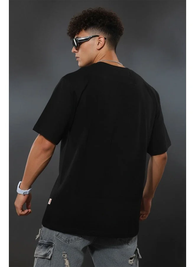 فيردو Veirdo® Cotton Overiszed Baggy Fit Drop Shoulder Front Graphic Printed Round Neck T-Shirt for Men (OS_100_VDASCNDNT_BK_S)
