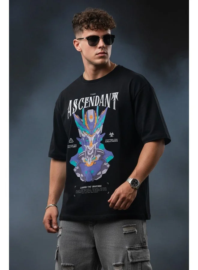 فيردو Veirdo® Cotton Overiszed Baggy Fit Drop Shoulder Front Graphic Printed Round Neck T-Shirt for Men (OS_100_VDASCNDNT_BK_S)