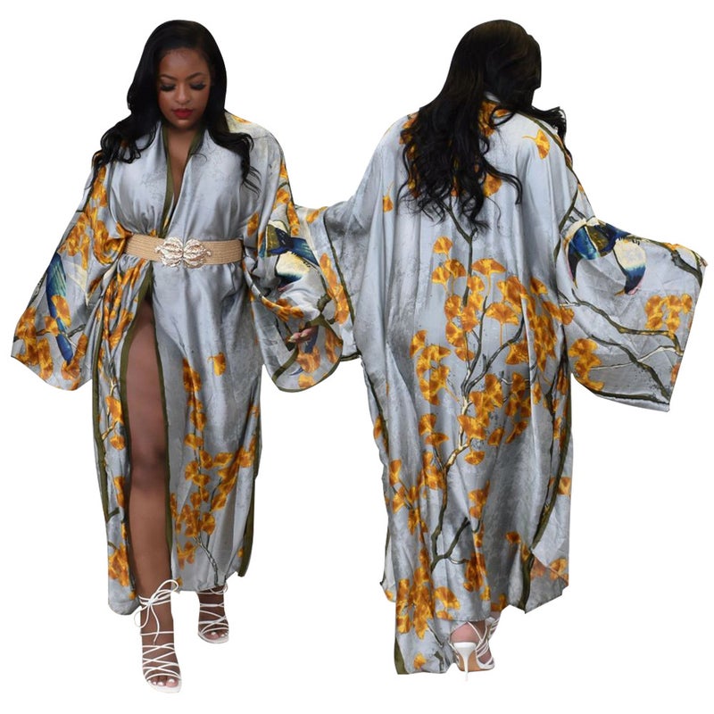 K10173 Euro-American Fashion Silk-like Printed Kimono Wrap Coat Grey