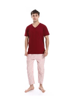 Andora Short Sleeve Striped Pattern Pants Pajama Set _ Dark Red & Beige  - Image 1