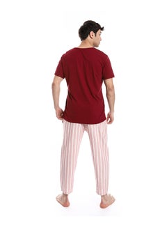 Andora Short Sleeve Striped Pattern Pants Pajama Set _ Dark Red & Beige  - Image 3