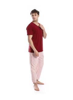 Andora Short Sleeve Striped Pattern Pants Pajama Set _ Dark Red & Beige  - Image 5