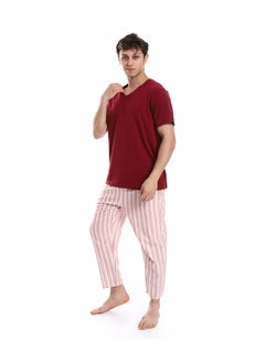 Andora Short Sleeve Striped Pattern Pants Pajama Set _ Dark Red & Beige  - Image 2