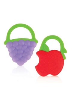 A set of 2 silicone apple and grape teethers for teething stage 3+