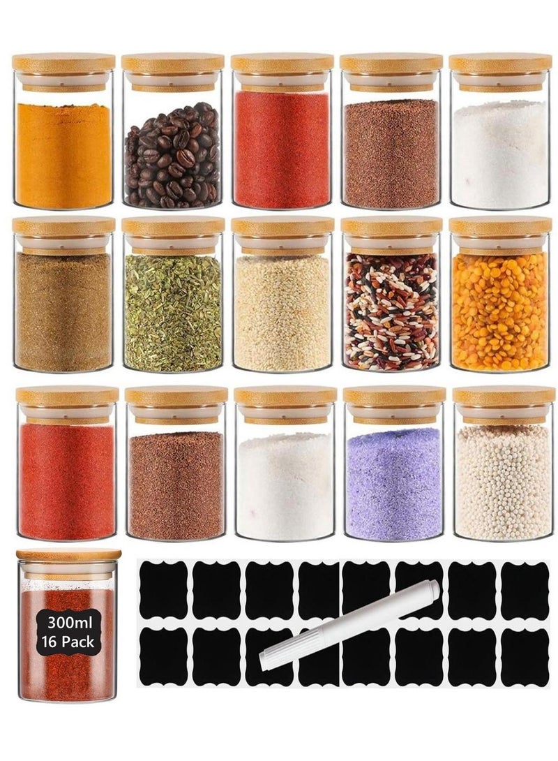 16-Pack 300 ML(10.56 oz)Glass Jars With Wooden Lids, Spice  Glass Airtight Canisters Sets, Glass Food Storage Container, Pantry Organization and Storage Jars,Suitable For Tea, Candy, Spices  - Image 1