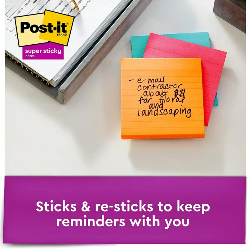 Post It Super Sticky Notes Lined 4 x 4 in (101 x 101 mm) 675 | Miami Assorted colors | Extra Sticky Notes | For Note Taking, To Do Lists | Clean Removal | Recyclable | 90 sheets/pad | 4 pads/pack - Image 3
