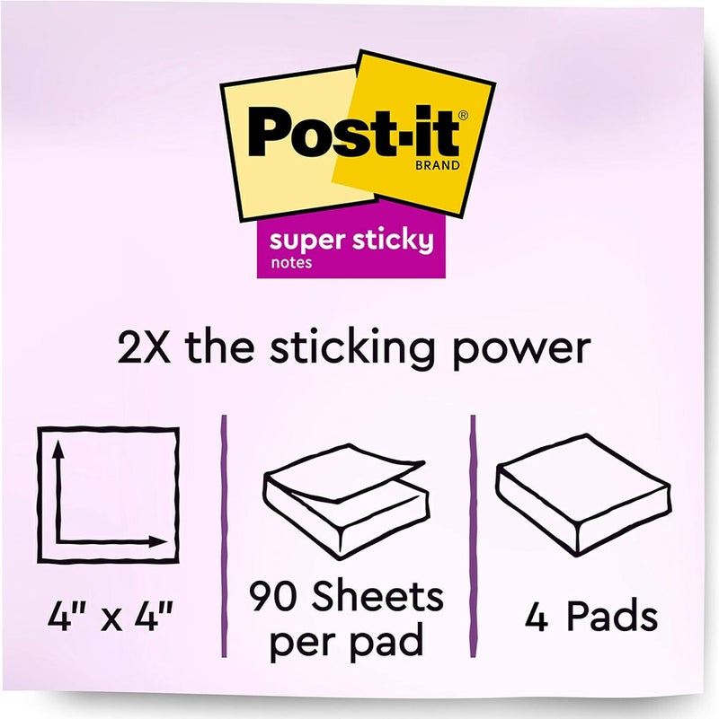 Post It Super Sticky Notes Lined 4 x 4 in (101 x 101 mm) 675 | Miami Assorted colors | Extra Sticky Notes | For Note Taking, To Do Lists | Clean Removal | Recyclable | 90 sheets/pad | 4 pads/pack - Image 2