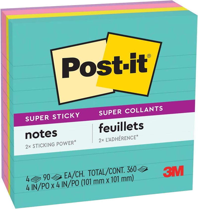 Post It Super Sticky Notes Lined 4 x 4 in (101 x 101 mm) 675 | Miami Assorted colors | Extra Sticky Notes | For Note Taking, To Do Lists | Clean Removal | Recyclable | 90 sheets/pad | 4 pads/pack - Image 1