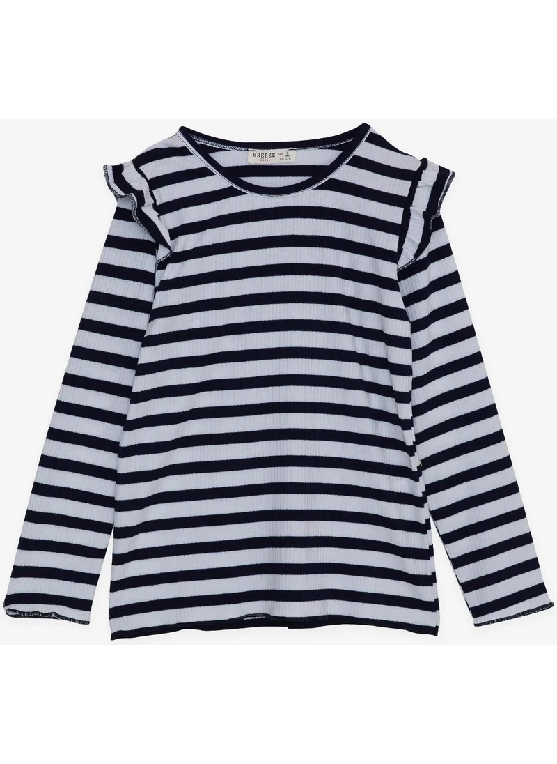 بريز Girl's Long Sleeve T-Shirt Striped Ruffle Shoulder 6-12 Years, Mixed Color