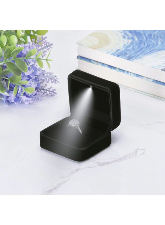 LETURE Classic Metal Glossy Jewelry Ring Box with LED Light, Velvet Ring Gift Box for Proposal Engagement Wedding Anniversary Birthday Ceremony (Black) - Image 4