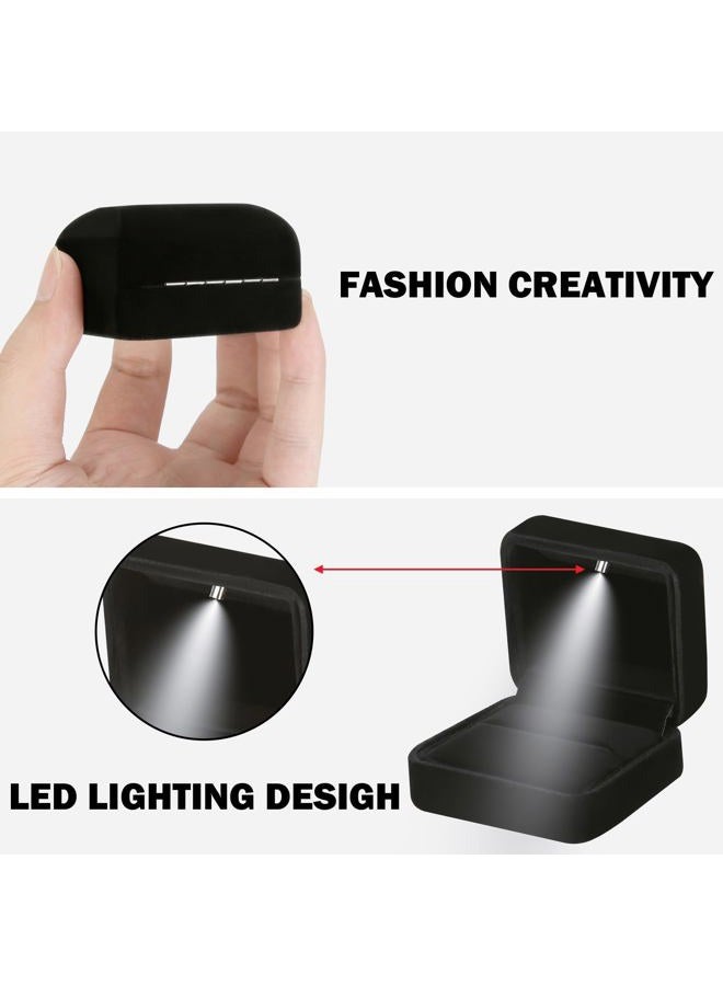 LETURE Classic Metal Glossy Jewelry Ring Box with LED Light, Velvet Ring Gift Box for Proposal Engagement Wedding Anniversary Birthday Ceremony (Black) - Image 2