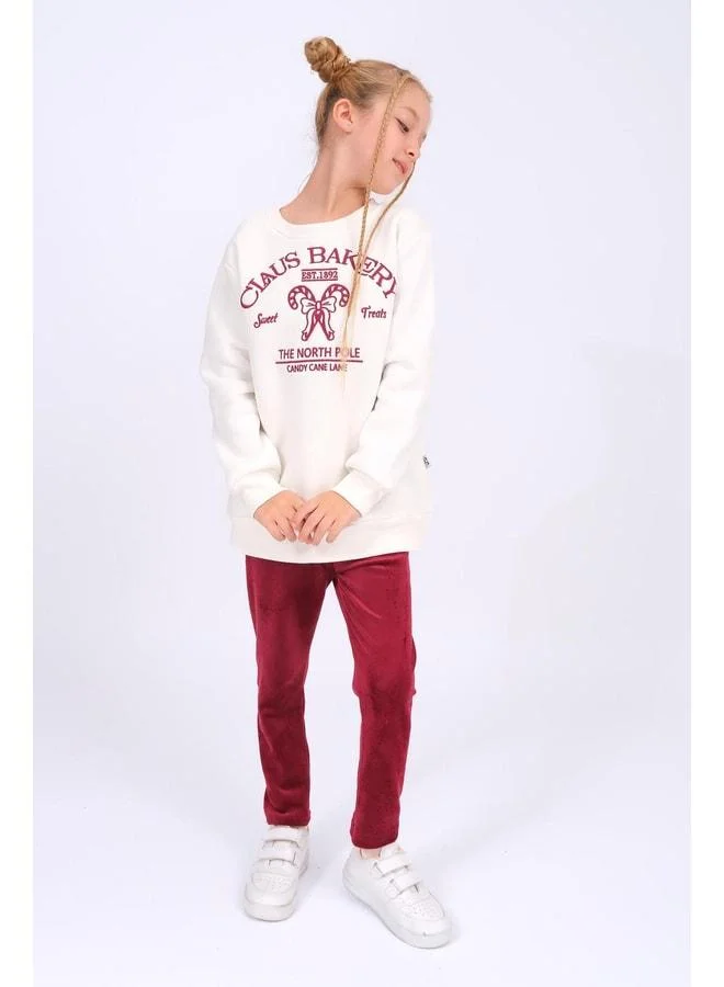 Perendi Girl's Embroidered Sweatshirt and Velvet Leggings Set with Fleece Lining for Winter.