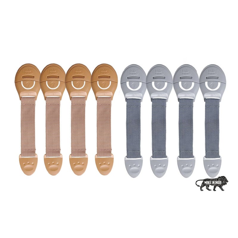 Chipmunks Furniture Safety Locks for Kids, Made in India Child Safety, Locks for Drawers, Cabinets, Fridge, Cupboard Lock, Strong and Adhesive Safety Locks (4 Grey + 4 Beige) - Image 1