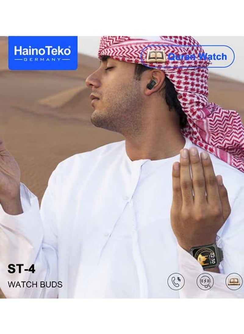 Haino Teko ST4 Smart Watch Buds – Quran with Full 114 Chapters, 4GB MP3 Speaker for Men & Boys, Multifunctional Smartwatch with Music Playback, Fitness Tracking, and Bluetooth Earbuds - Image 3