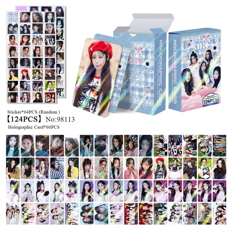 ILLIT 124PCS Holographic Cards & Star Stickers Set – 60PCS Holographic LOMO Cards + 64PCS Random Celebrity Stickers for DIY Scrapbooking, Album Decoration, Journaling, and Birthday Gift for Teens