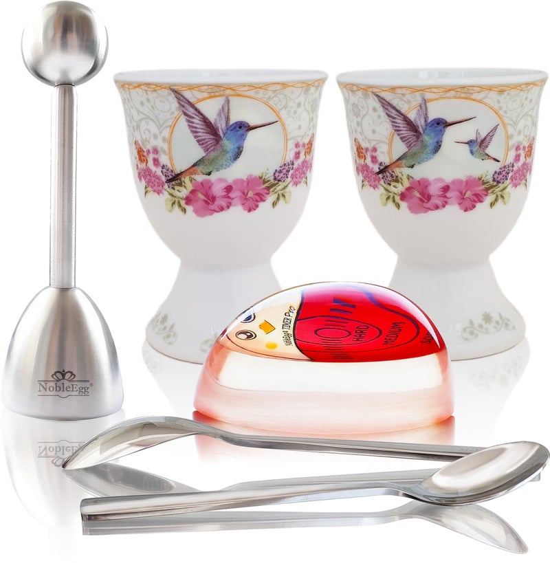 NobleEgg Boiled Egg Cups Topper Set | All-Inclusive Set | Egg Cups for Soft Boiled Eggs + Egg Timer Pro + Egg Spoons + Egg Topper Cracker + Gift Storage Box | Vintage Victorian Style | Set for 2