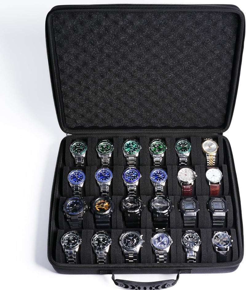 RIGICASE 24 slots Watch travel case, portable watch storage organizer box, hard watch holder with flexible foam inserts fit large and small size - Image 1