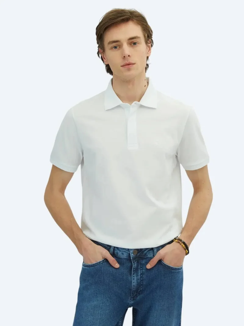 Kip White Plain Polo Neck 100% Cotton T-Shirt