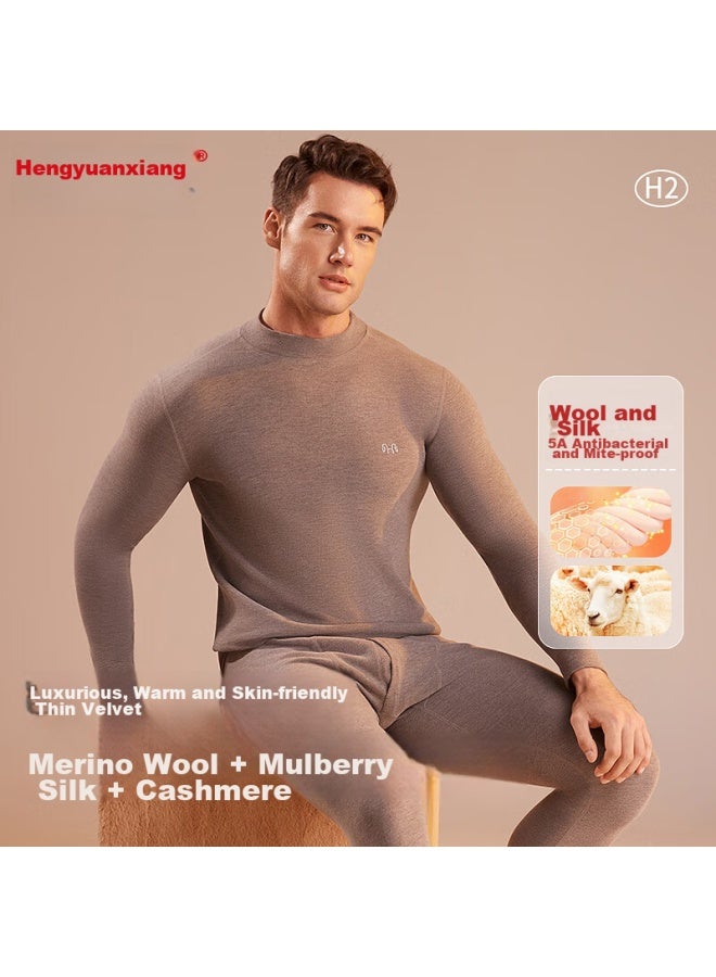 Hengyuanxiang Hengyuanxiang [winter New Arrival] Seamless Thermal Underwear For Men, German Velvet Silk Wool Thickened Autumn Top And Bottom, Mid-neck, Storm Gray - Image 2