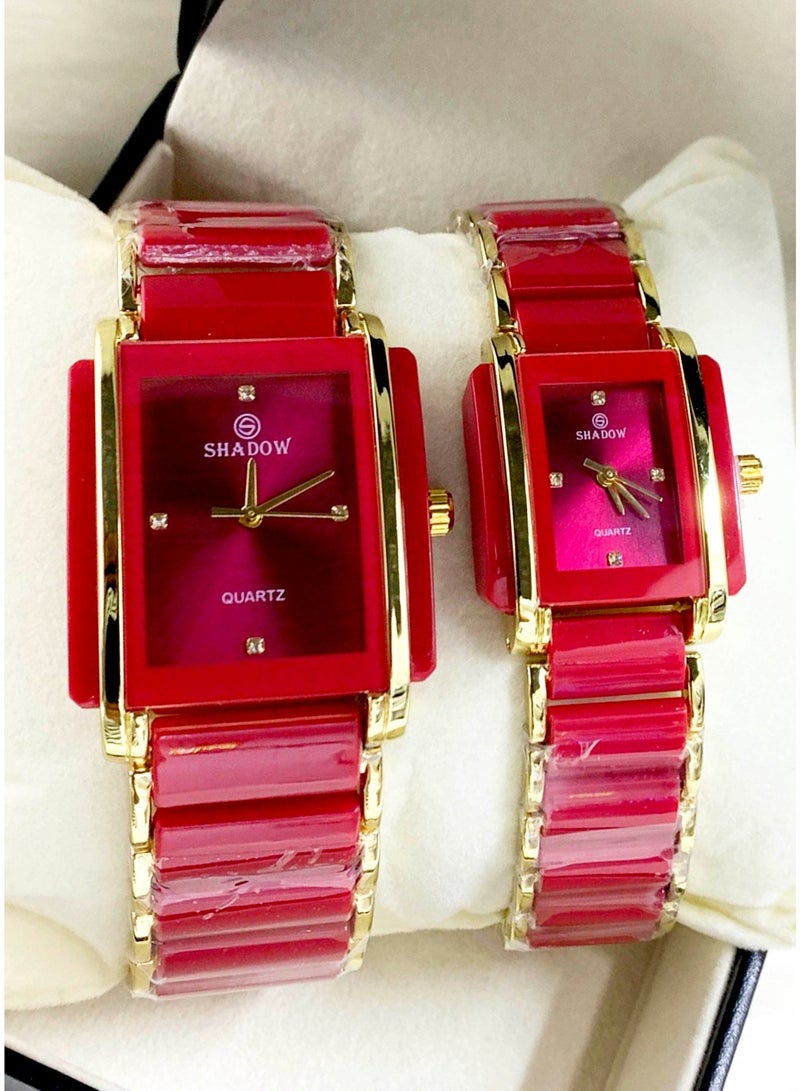 شادو ساعات زوجية شادو فاخرة - طقم أنيق بتصميم مستطيل ولون ثنائي - Image 1