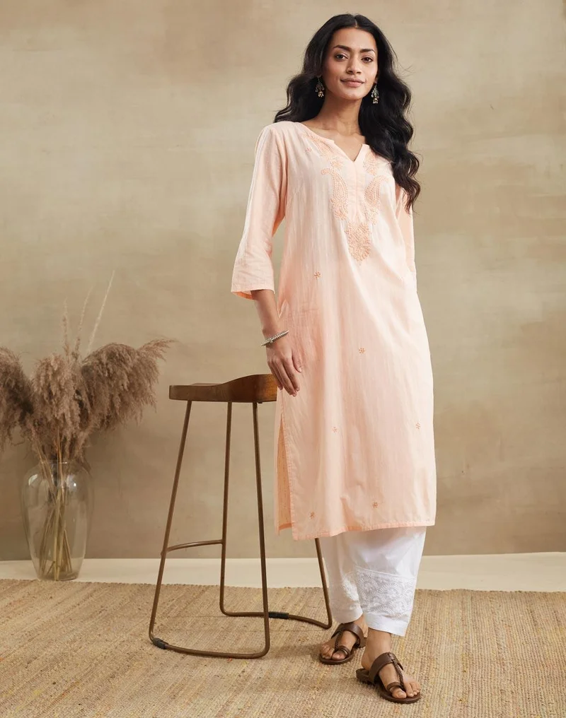 Fabindia Pink Cotton Chikankari Long Kurta