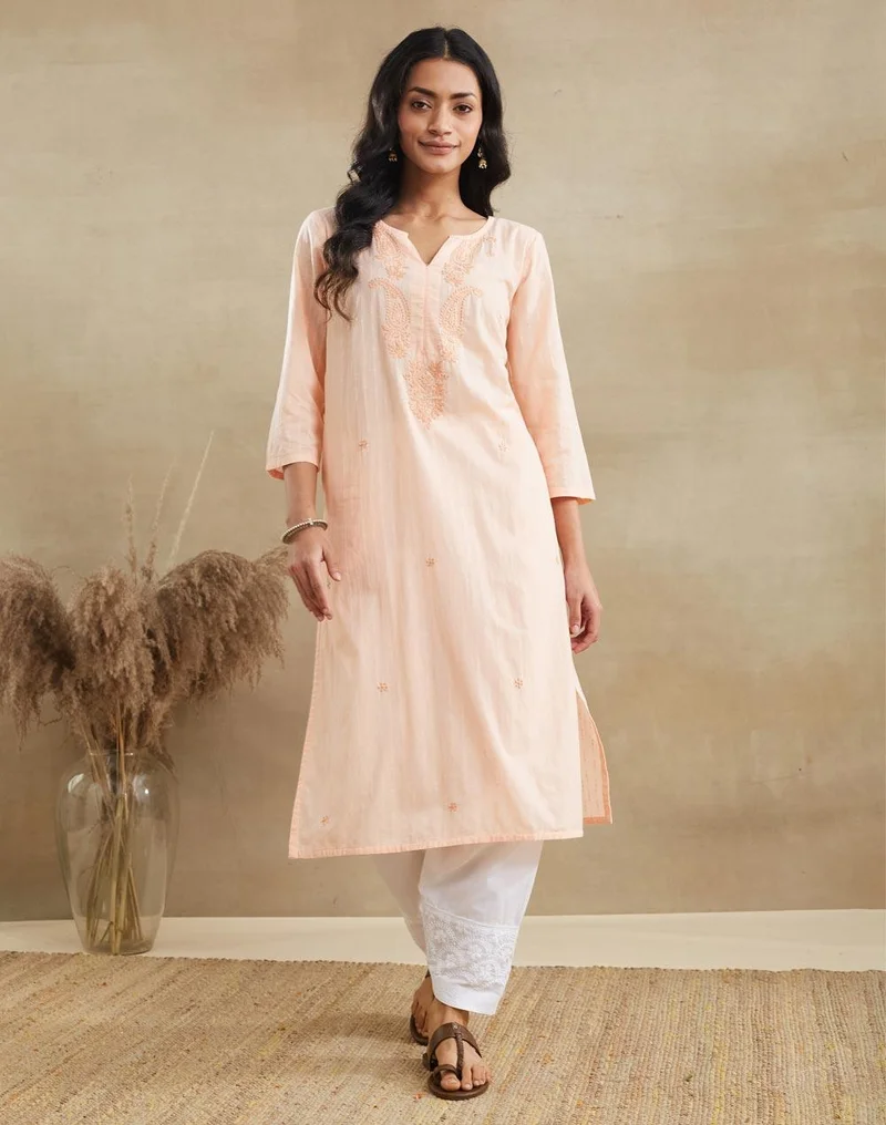 Fabindia Pink Cotton Chikankari Long Kurta