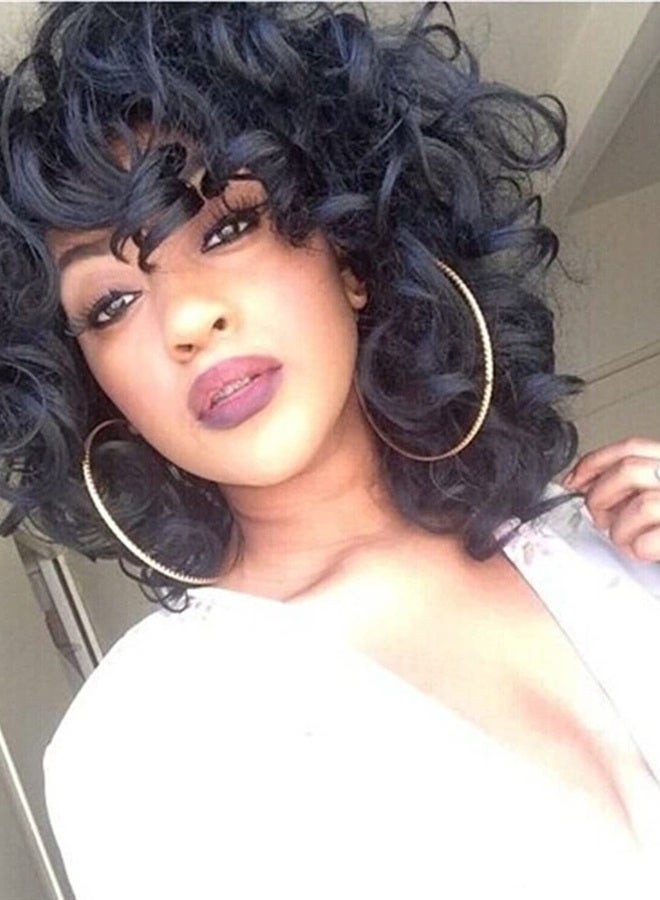 ELIM Curly Wigs for Black Women Short Kinky Curly Black Wigs for Women Big Curly Afro Soft Wig with Bangs Heat Resistant Natural Cute Synthetic Wig with Accessories Z014 - Image 1