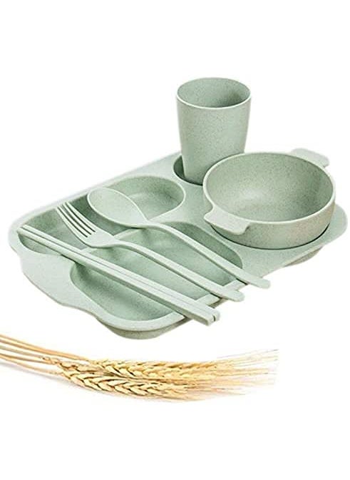 NILKANTH - NILKANTH® Unbreakable Divided Portion Plate - Wheat Straw Fiber, Microwave & Dishwasher Safe,Plate, Bowl, Cup, Fork, Spoon, Chopsticks 6 Piece Set for Kids Adults (Green) - Image 1