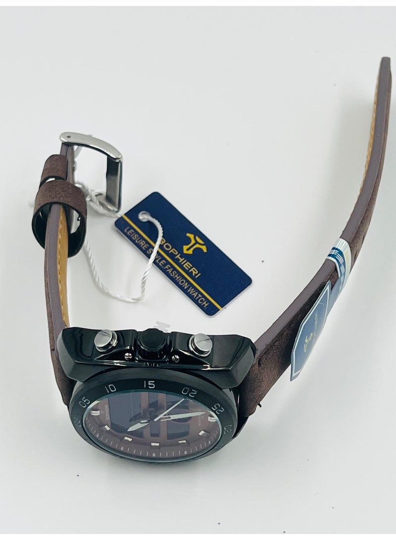 Bophieri Brown leather strap Dual dial (Analog/digital) men's watch - Image 3