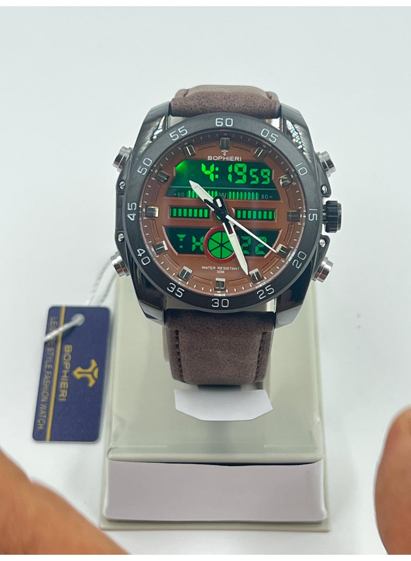 Bophieri Brown leather strap Dual dial (Analog/digital) men's watch - Image 4